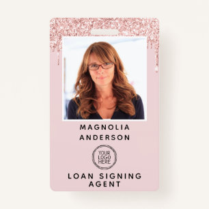 Pink Glitter Drip Photo Logo Barcode Name Badge ID Badge