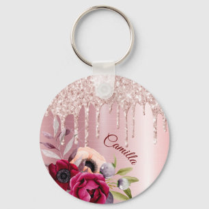 Pink glitter drip rose gold metallic flowers name key ring