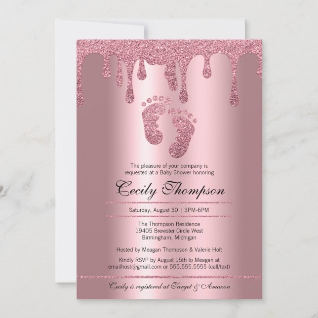 Pink Glitter Drip Rose Luxury Metallic Baby Shower Invitation (Front)