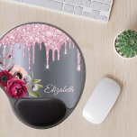 Pink glitter drip silver metallic flowers name gel mouse mat<br><div class="desc">Pink faux glitter drip,  paint drip look on a faux silver metallic looking background. Burgundy and rose gold coloured Flowers. Template for Your name.  The name in rose gold is written with a modern and trendy hand lettered style script.</div>