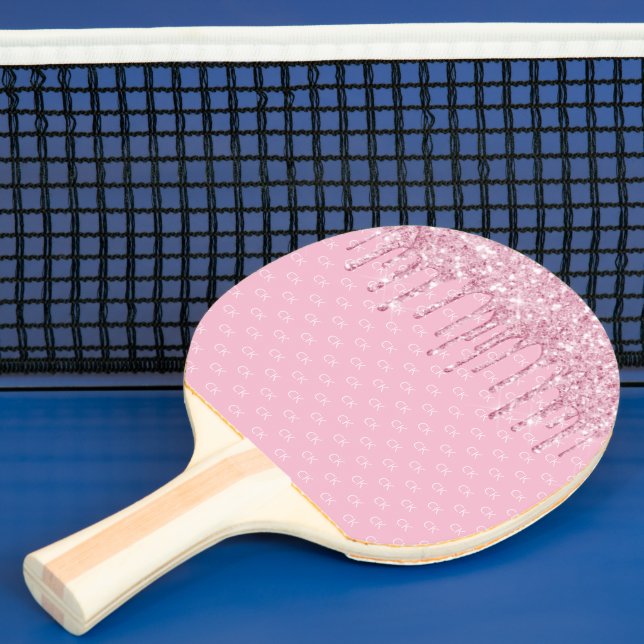 Pink glitter drip sparkle monogram pattern ping pong paddle (Insitu)