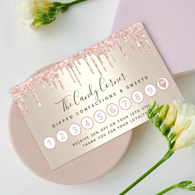 Pink Glitter Drip Strawberry Confection Sweet Gold Loyalty Card (Creator Uploaded)