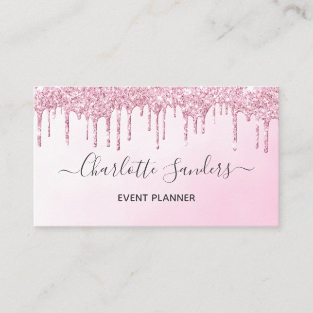 Pink glitter dripping paint gradient business card (Front)