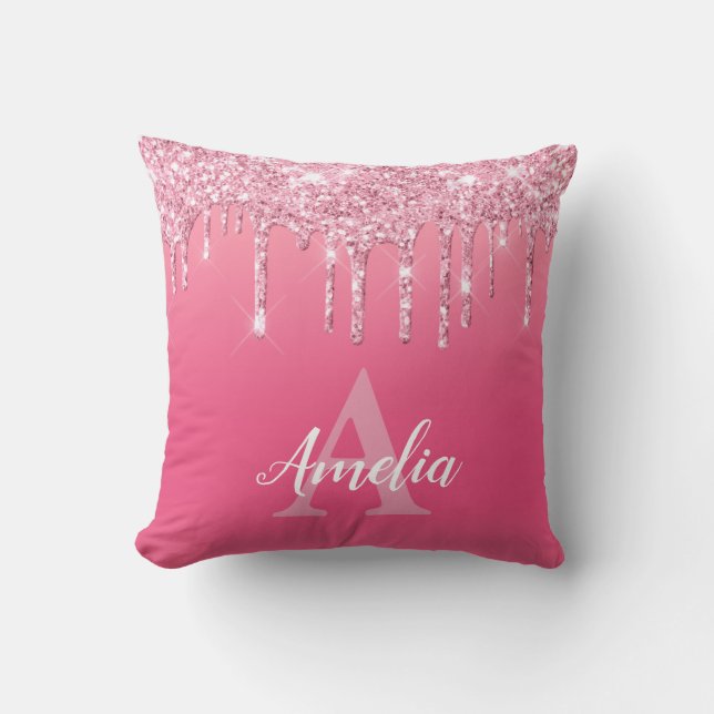 Pink Glitter Drips Add Your Own Monogram Girl's  Cushion (Front)
