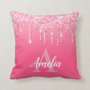 Pink Glitter Drips Add Your Own Monogram Girl's  Cushion