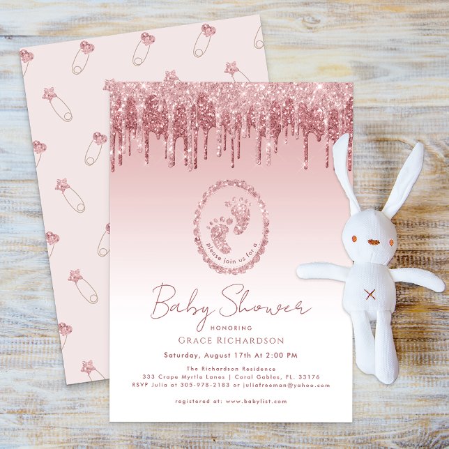 Pink Glitter Drips Baby Shower Invitation  (Pink Glitter Drips Baby Footprint Invite)