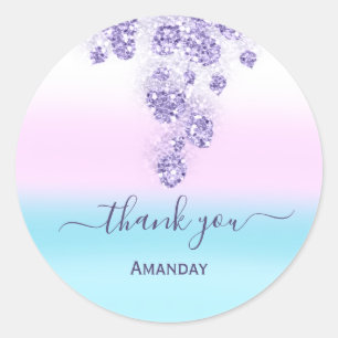 Pink Glitter Drips Bridal Sweet16th  Thank  Blue Classic Round Sticker