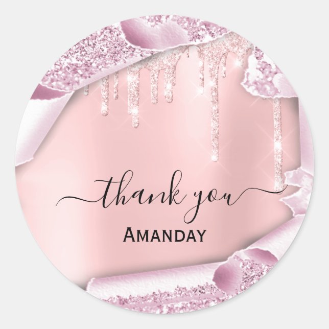 Pink Glitter Drips  Bridal Sweet16th  Thank You Classic Round Sticker (Front)