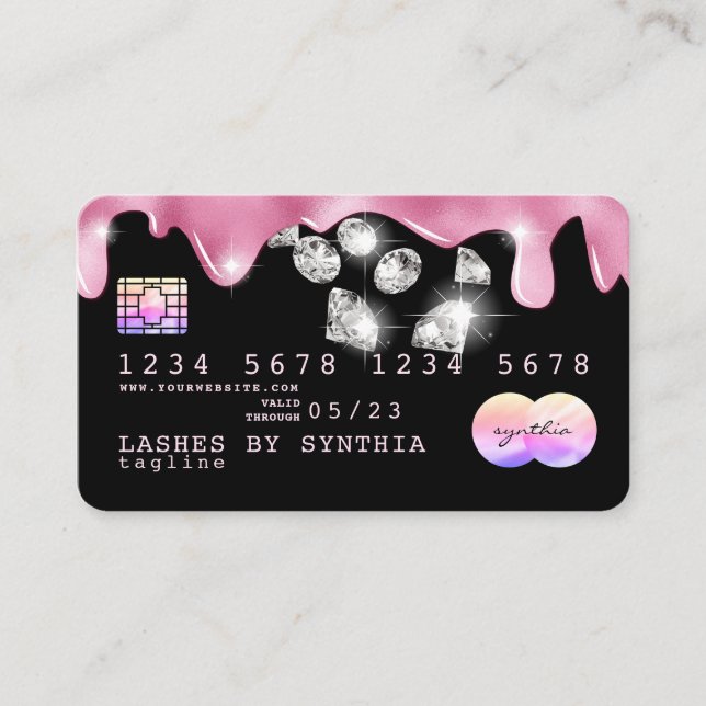 Pink glitter drips Credit Card hologram diamonds (Front)