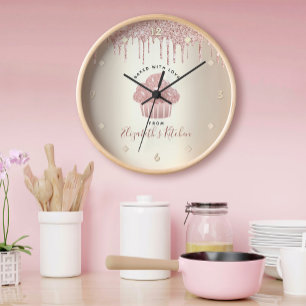 Pink Glitter Drips Cupcake Bakery Pastry Chef Gold Clock