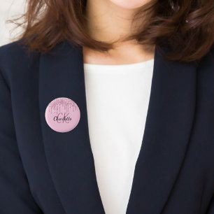 Pink glitter drips custom monogram name 3 cm round badge