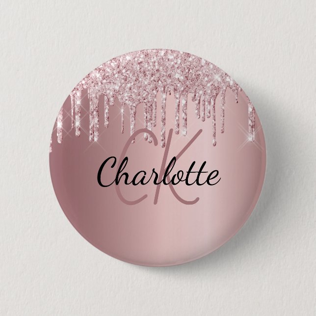Pink glitter drips custom monogram name 6 cm round badge (Front)