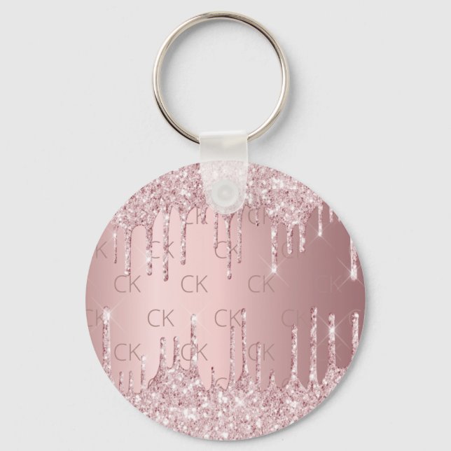 Pink glitter drips dusty rose monogram key ring (Front)