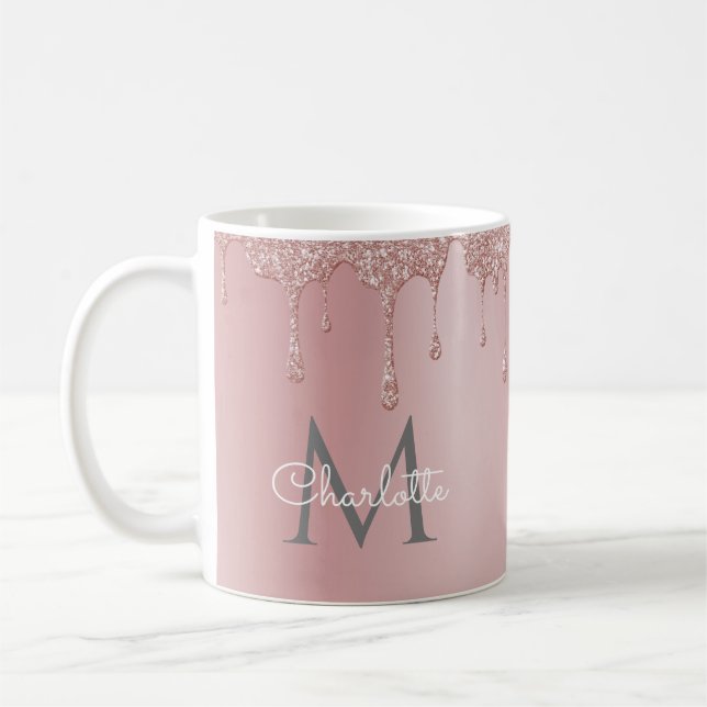 Pink Glitter Drips Elegant Girly Script Monogram Coffee Mug (Left)