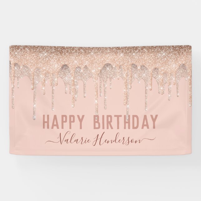 Pink Glitter Drips Happy Birthday Banner (Horizontal)