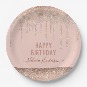 Pink Glitter Drips Happy Birthday Napkins Paper Plate