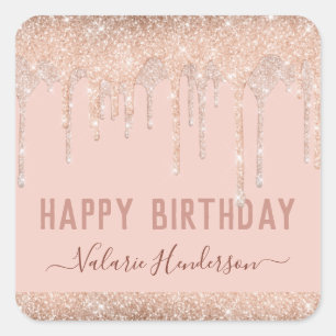 Pink Glitter Drips Happy Birthday Square Sticker