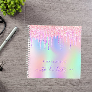 Pink glitter drips holographic unicorn to do lists notebook