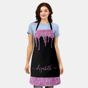 Pink Glitter Drips Monogram Black Apron