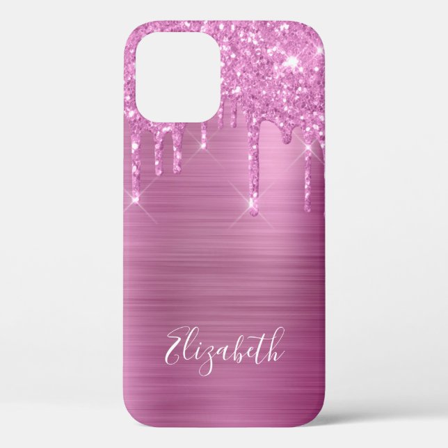 Pink Glitter Drips Monogram Case-Mate iPhone Case (Back)