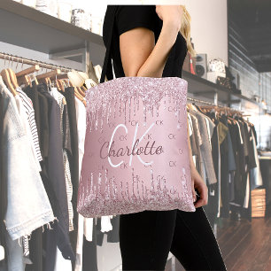 Pink glitter drips monogram elegant script tote bag