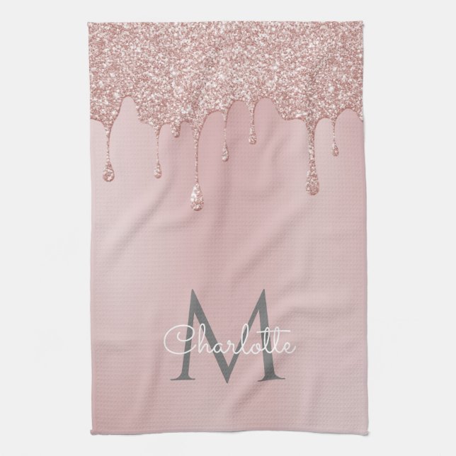 Pink Glitter Drips Monogram Girly Script Tea Towel (Vertical)