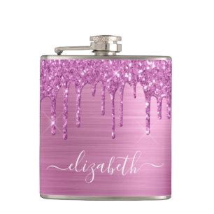 Pink Glitter Drips Monogrammed Hip Flask