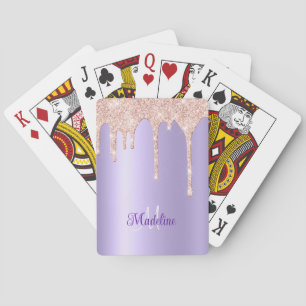 Pink Glitter Drips on Lavender - Monogrammed Playing Cards