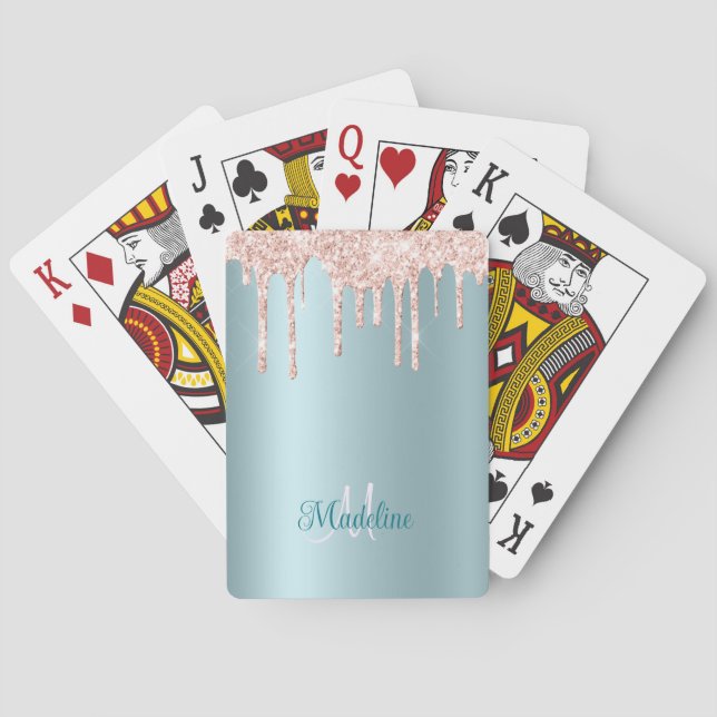Pink Glitter Drips on Pale Teal - Monogrammed Playing Cards (Back)