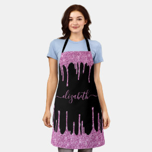 Pink Glitter Drips Personalised Black Apron