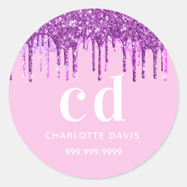 Pink glitter drips purple custom name school classic round sticker (Front)