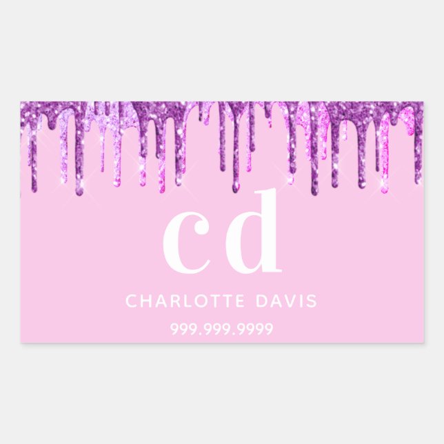 Pink glitter drips purple name rectangular sticker (Front)