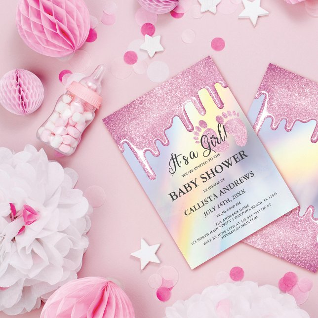 Pink Glitter Drips Rainbow Holographic Baby Shower Invitation (Creator Uploaded)