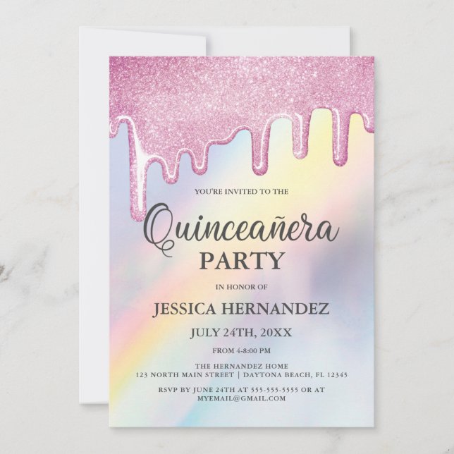Pink Glitter Drips Rainbow Holographic Quinceañera Invitation (Front)