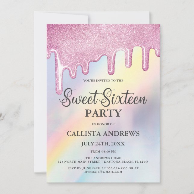 Pink Glitter Drips Rainbow Holographic Sweet 16 Invitation (Front)