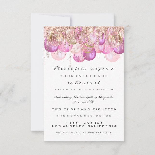 Pink Glitter Drips Rose Gold  Bridal Sweet 16th Invitation (Front)