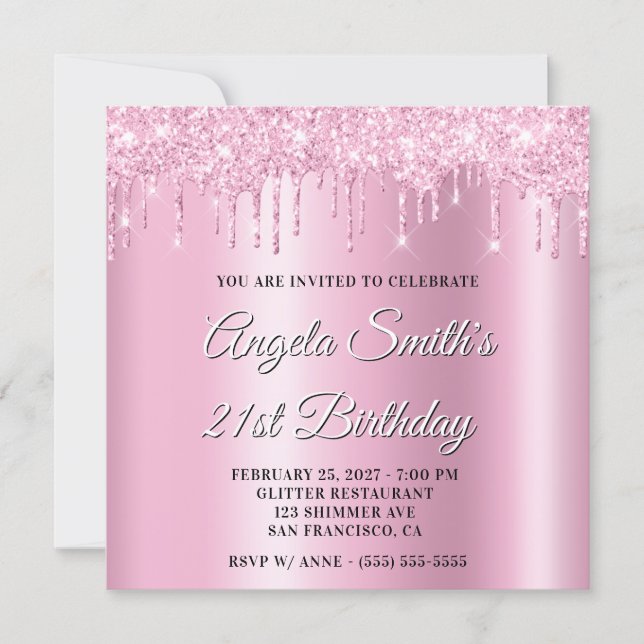 Pink Glitter Drips Shimmer Ombre Drop Shadow Invitation (Front)