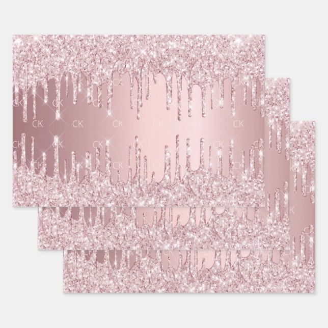 Pink glitter drips sparkle monogram dusty rose wrapping paper sheet (Set)