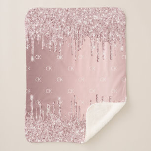 Pink glitter drips sparkle monogram sherpa blanket