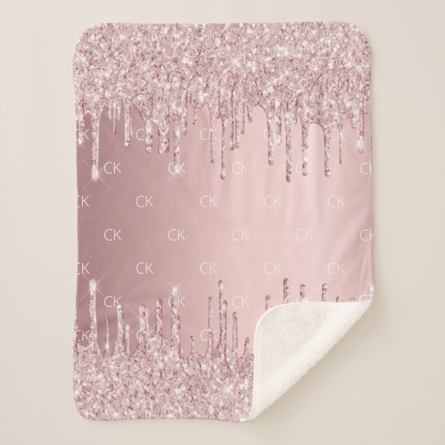 Pink glitter drips sparkle monogram sherpa blanket (Front)