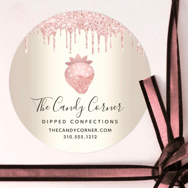 Pink Glitter Drips Strawberry Confection Gold Classic Round Sticker (Creator Uploaded)