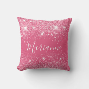 Pink glitter dust monogram name script cushion