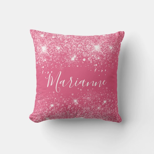 Pink glitter dust monogram name script cushion (Front)