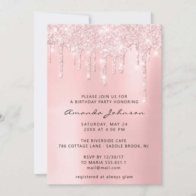 Pink Glitter Effect Drip Baby Shower Girl Birthday Invitation (Front)