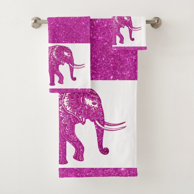 Pink glitter elephant bath towel set (Insitu)