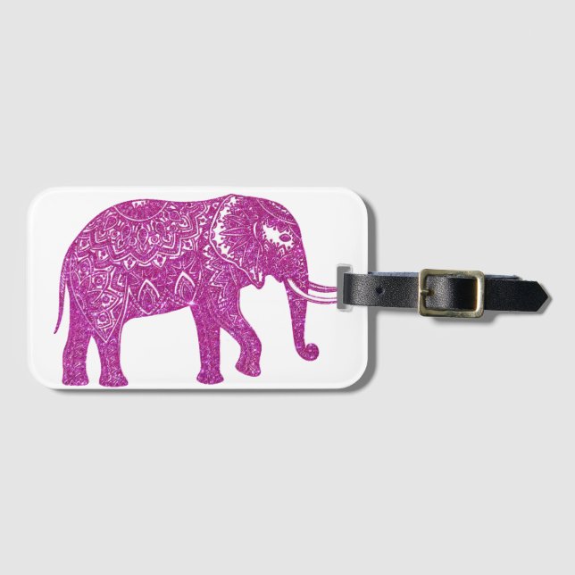 Pink glitter elephant luggage tag (Front Horizontal)