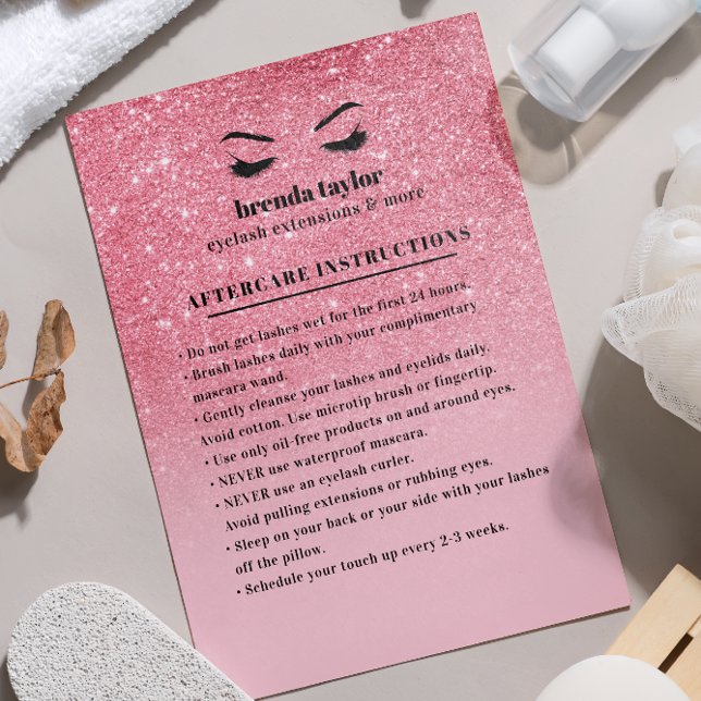 PInk glitter Eyelash  Brow Aftercare Instructions Business Card (Creator Uploaded)