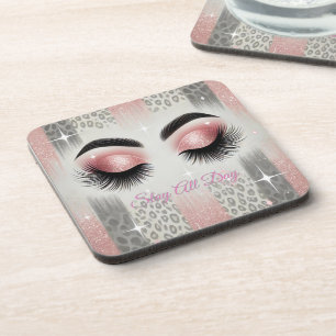 Pink Glitter Eyelashes Leopard Coaster