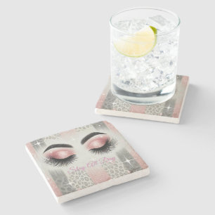 Pink Glitter Eyelashes Leopard Stone Coaster