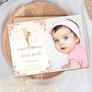 Pink Glitter Fairy Birthday Invitations with photo